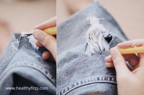 Pull out Individual Threads with Tweezers for Distressing Jeans
